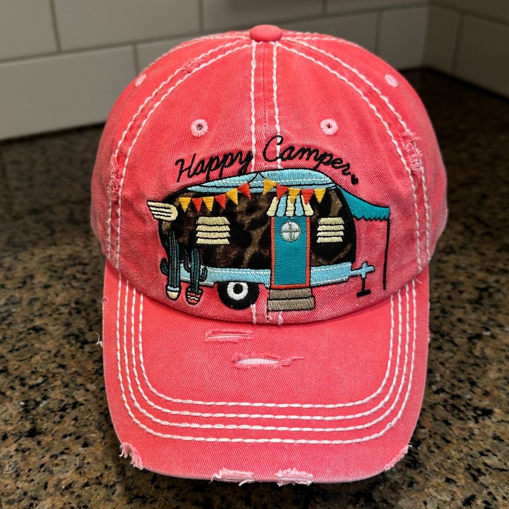 KBEthos Hat Happy Camper Adjustable Pink Distressed Leopard Trim